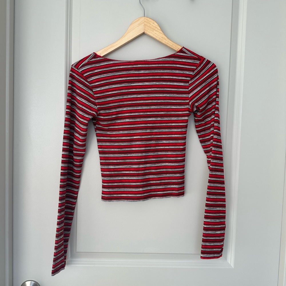 Ten Sixty Sherman Red and White Ribbed V-Neck Long Sleeve - Picture 3 of 3
